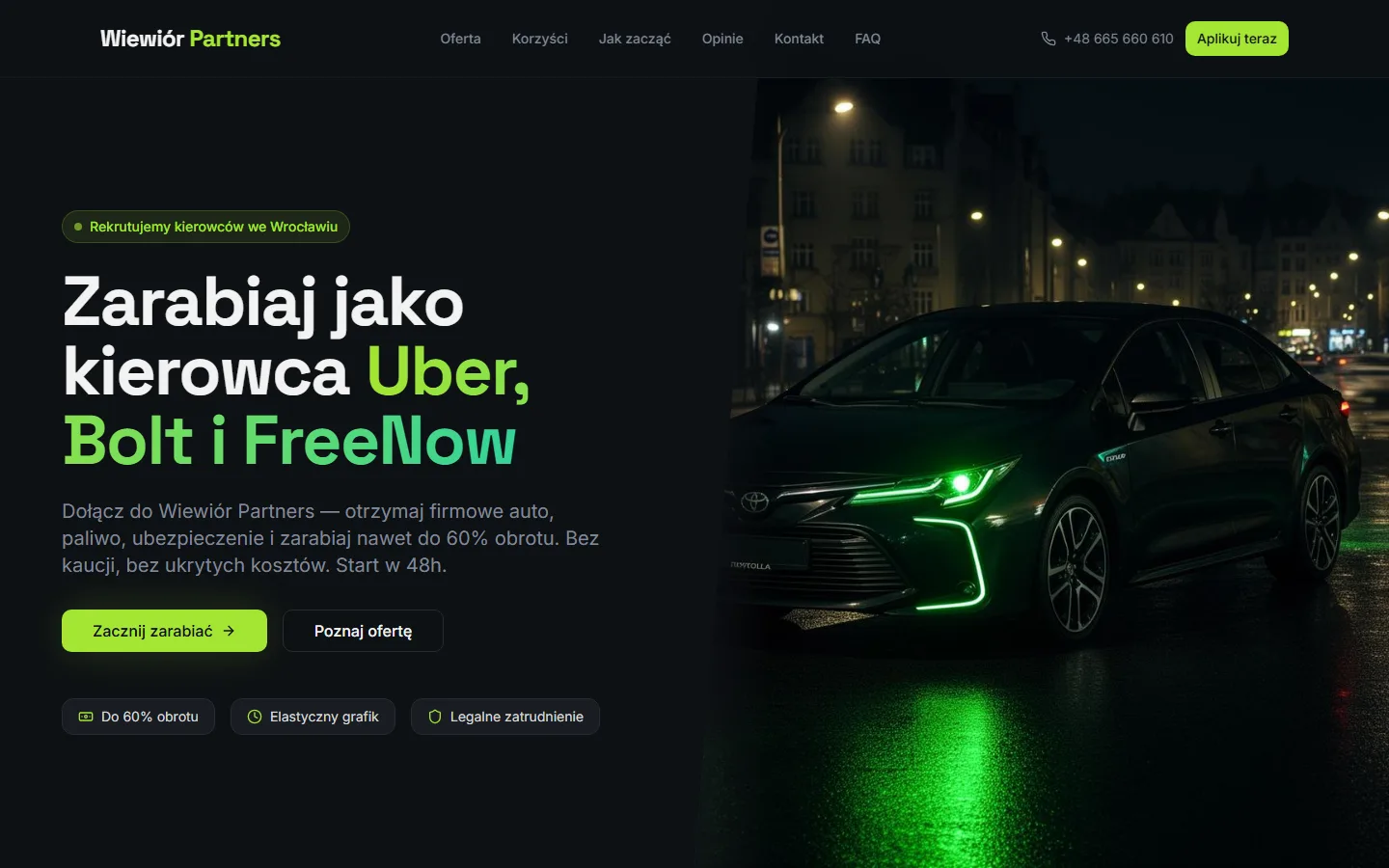 Landing page Wiewiór Partners zaprojektowany przez ForgeWeb — rekrutacja kierowców we Wrocławiu, ciemny nagłówek z samochodem i przyciskiem aplikowania